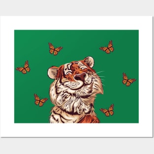 Tiger Head With Butterflies Posters and Art